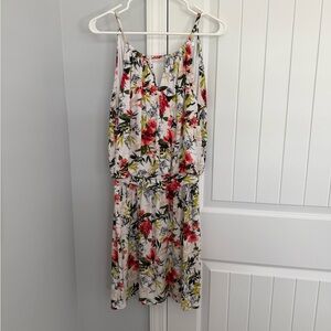 White House Black Market White Floral Midi Dress with Pink & Green Accents